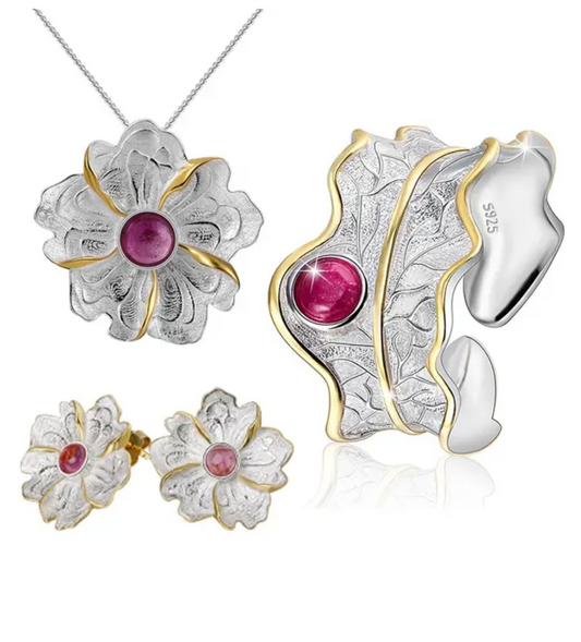 Parure de bijoux vintage "Leaf" en Argent Sterling 925 assortie de Tourmaline